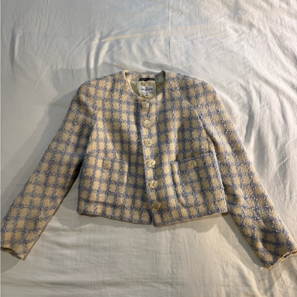 Valentino Miss V cream and light blue tweed jacket